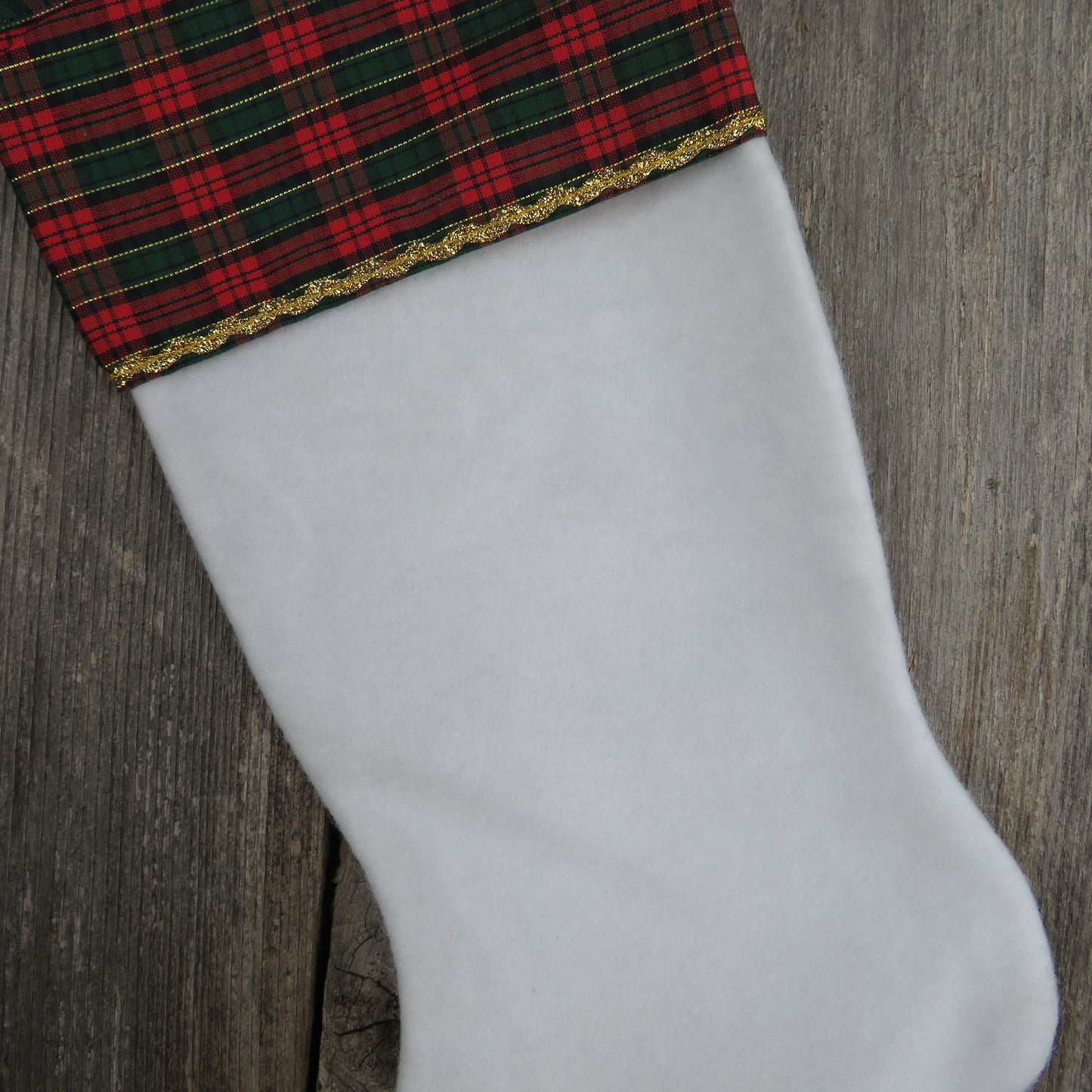 Vintage Plaid Teddy Bear Stocking Christmas Santa's Best Candy Cane Holly White Fuzzy Red Green Fleece Gold Trim