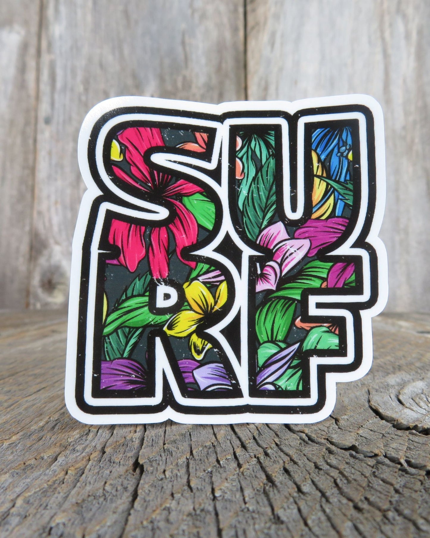 Surf Sticker Floral Stacked Letters Surfers Waterproof Tropical Print Surfing Lover