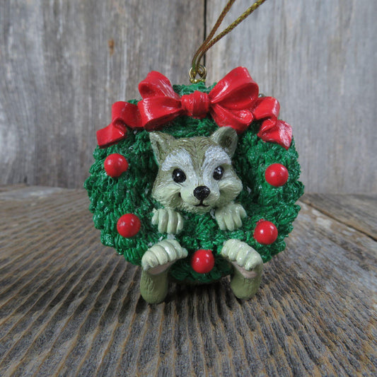 Vintage Raccoon in Wreath Ornament Christmas Resin Green Red