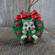 Load image into Gallery viewer, Vintage Raccoon in Wreath Ornament Christmas Resin Green Red