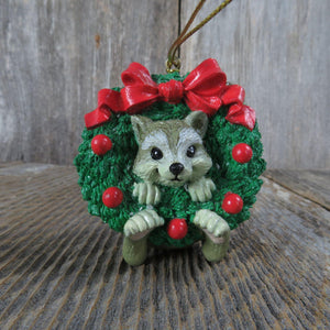 Vintage Raccoon in Wreath Ornament Christmas Resin Green Red