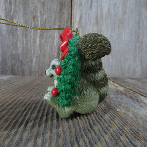 Vintage Raccoon in Wreath Ornament Christmas Resin Green Red