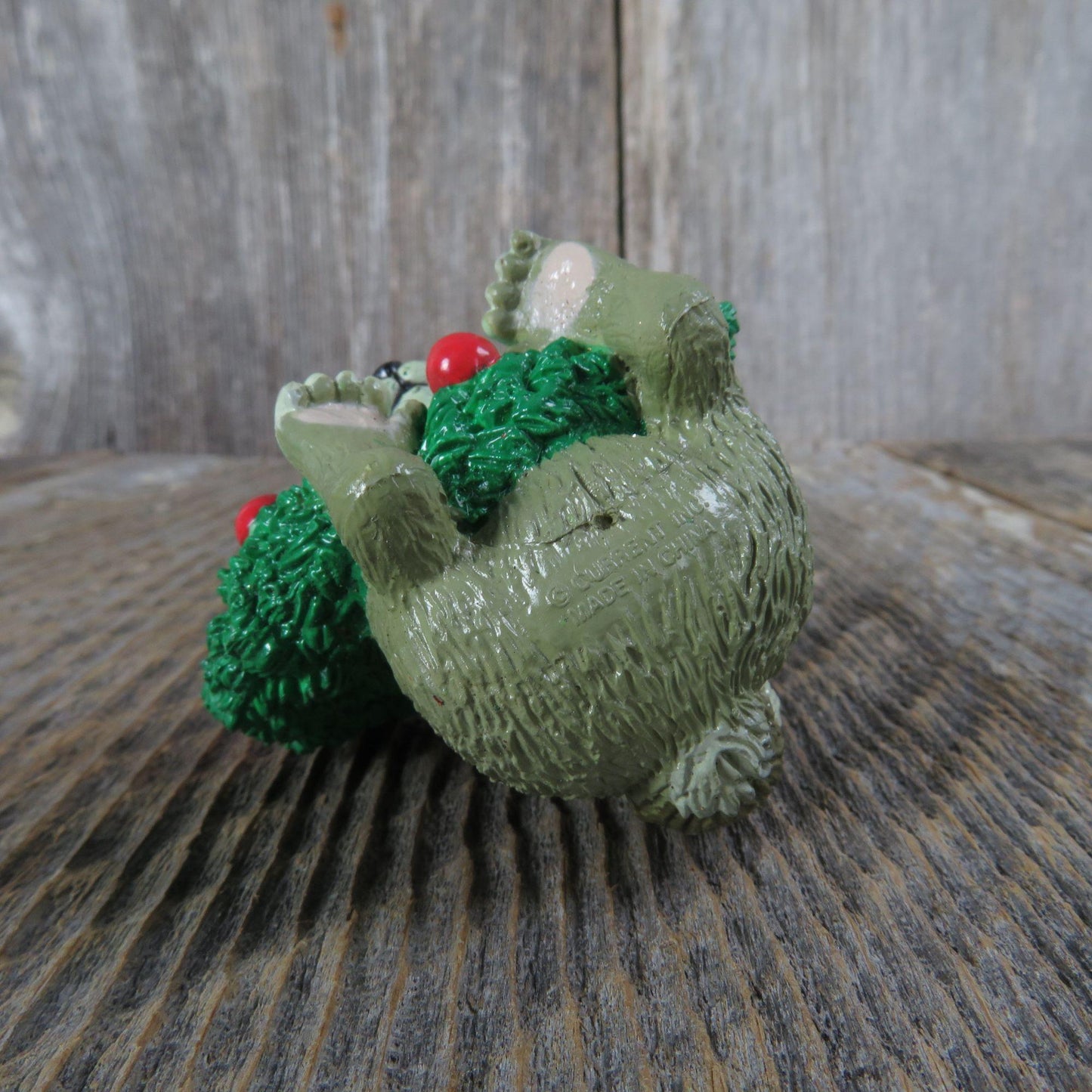 Vintage Raccoon in Wreath Ornament Christmas Resin Green Red