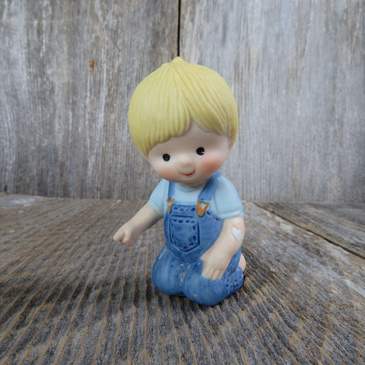 Vintage Boy Kneeling Figurine Scooter Country Cousins Bib Overalls Enesco Blonde Jeans 1980