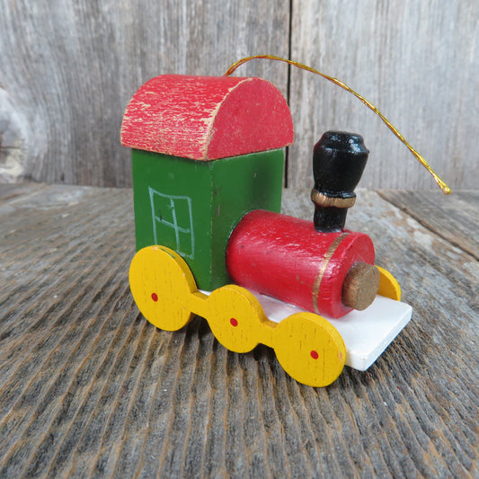 Vintage Train Wood Ornament Red Yellow Green Engine Wooden Choo Choo Christmas