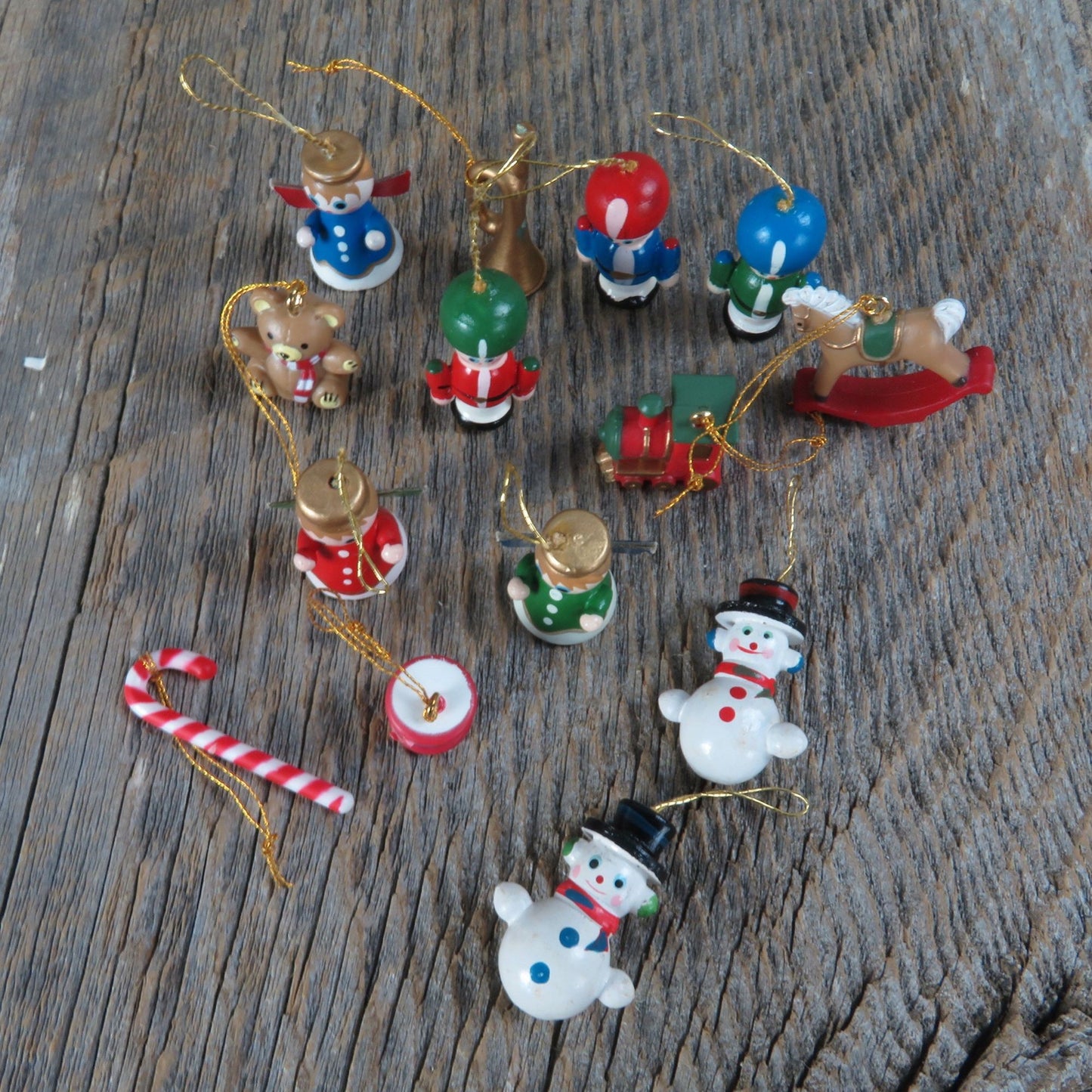 Vintage Miniature Ornament Set Lot Christmas Wood Plastic Snowman Santa Claus Angel Girl Teddy Bear Train Rocking Horse