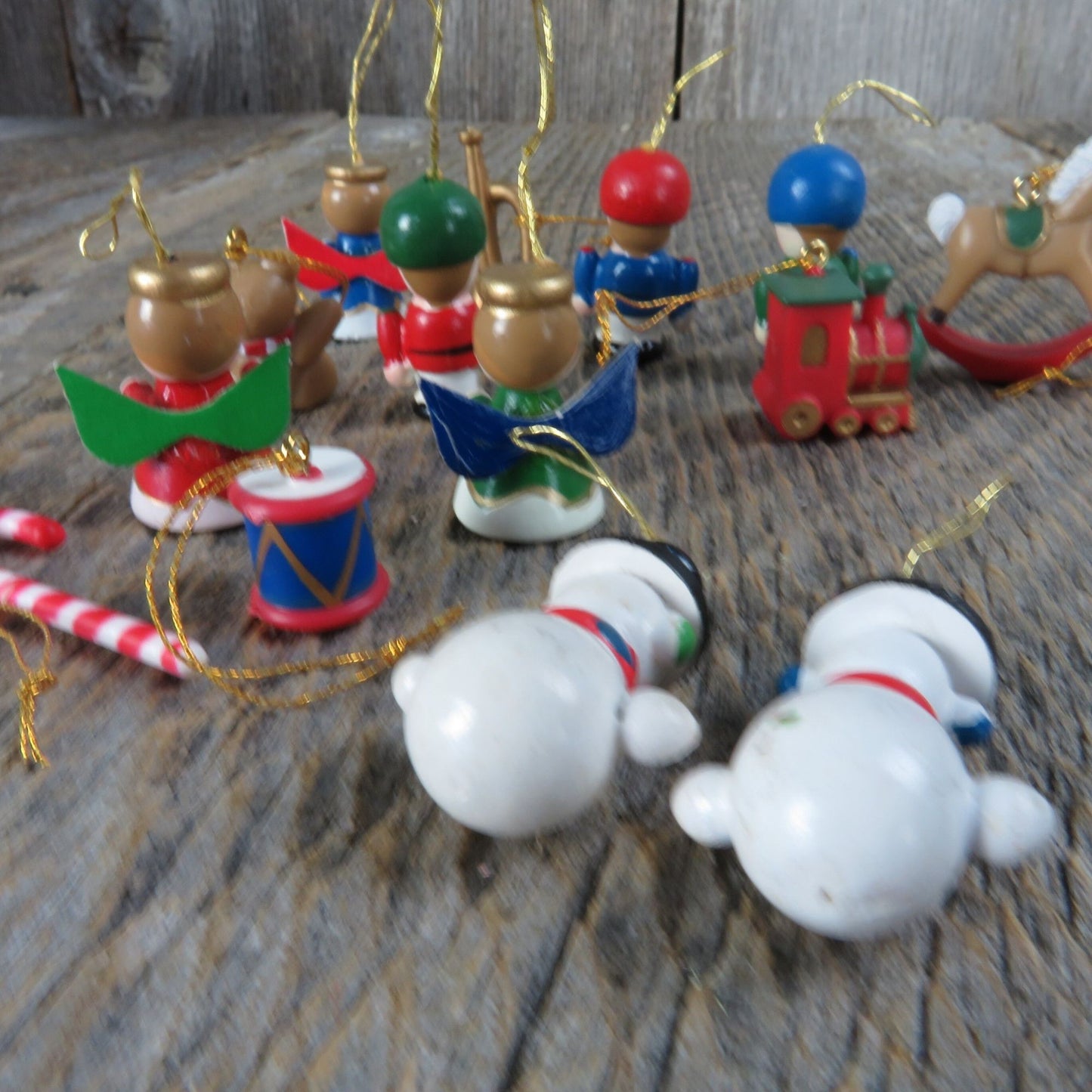 Vintage Miniature Ornament Set Lot Christmas Wood Plastic Snowman Santa Claus Angel Girl Teddy Bear Train Rocking Horse