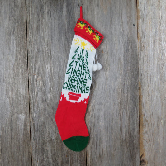 Vintage Knit Tree Stocking Twas The Night Before Christmas Knitted White Green Red