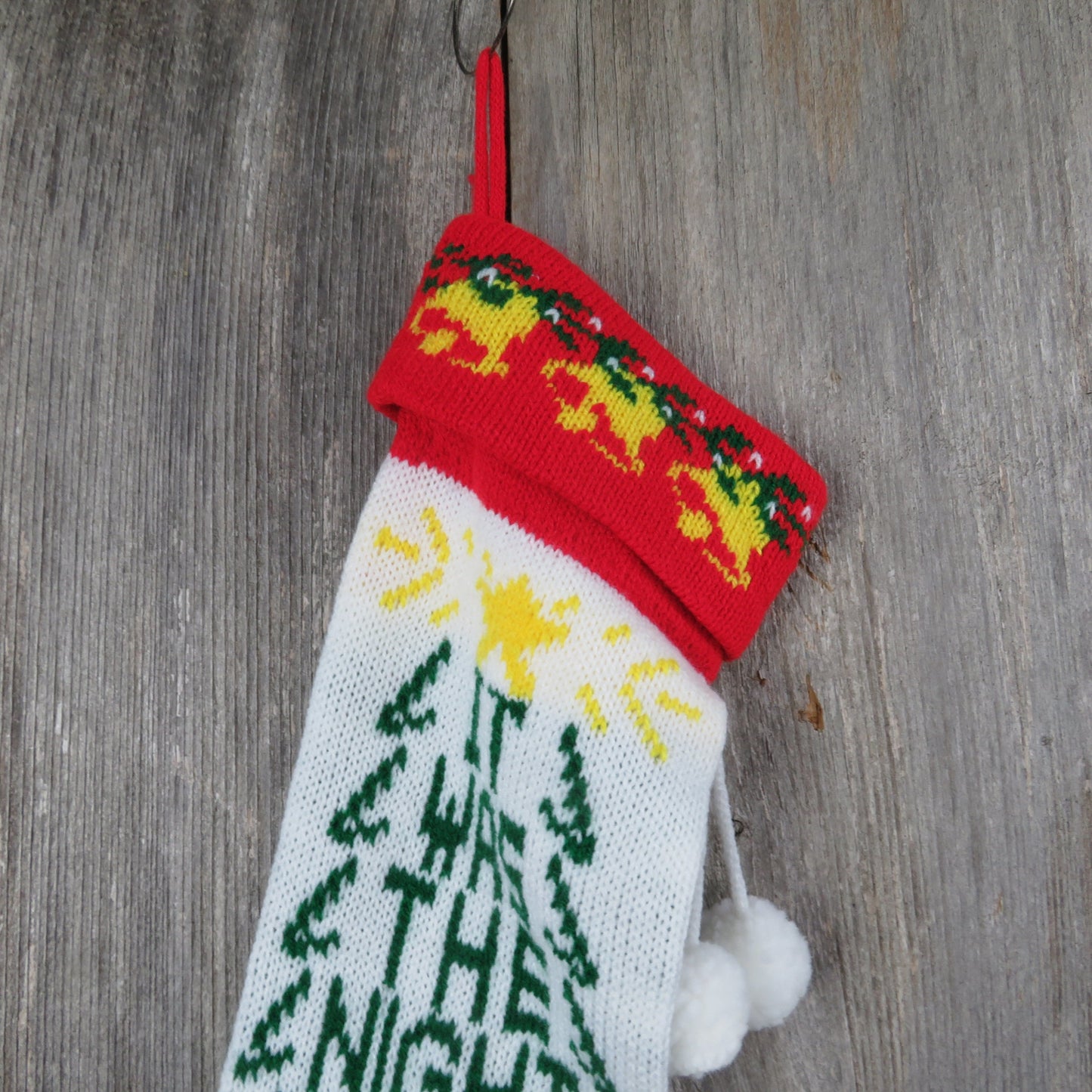 Vintage Knit Tree Stocking Twas The Night Before Christmas Knitted White Green Red