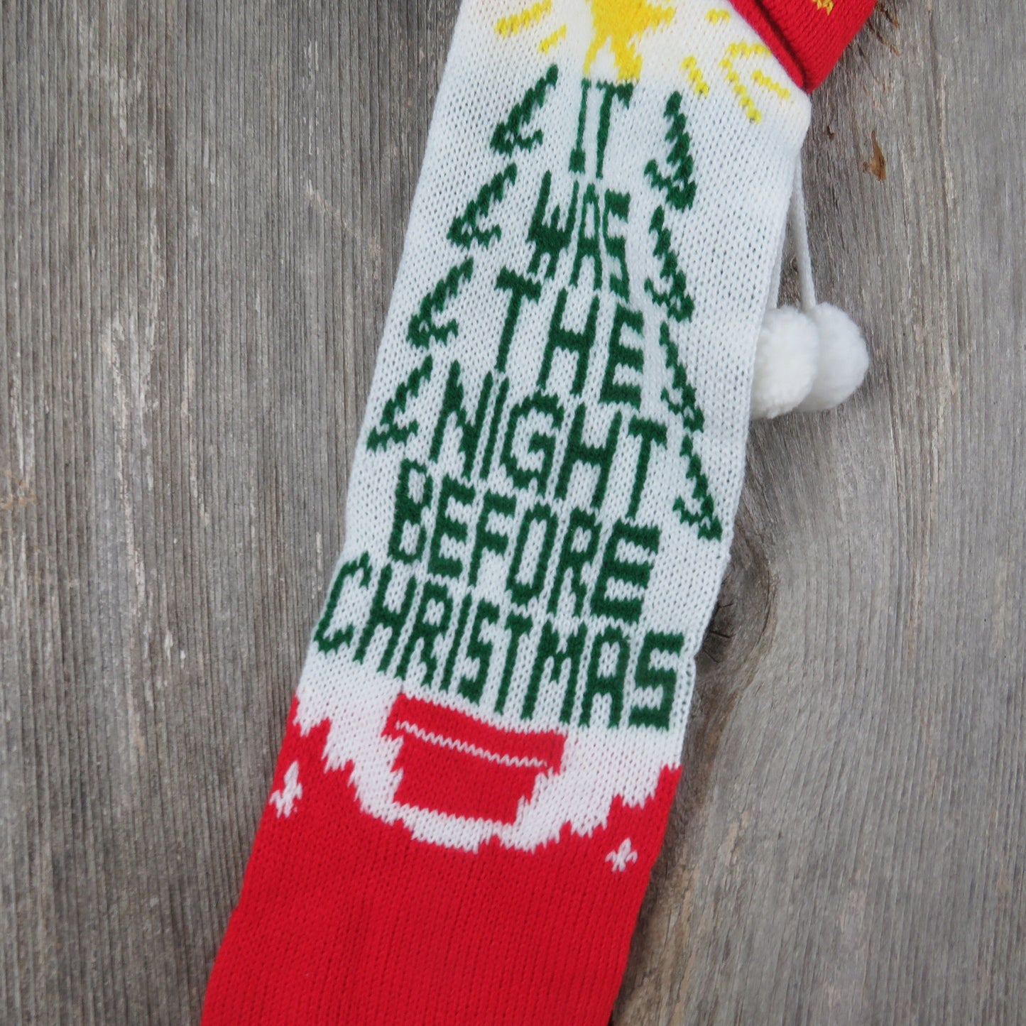 Vintage Knit Tree Stocking Twas The Night Before Christmas Knitted White Green Red