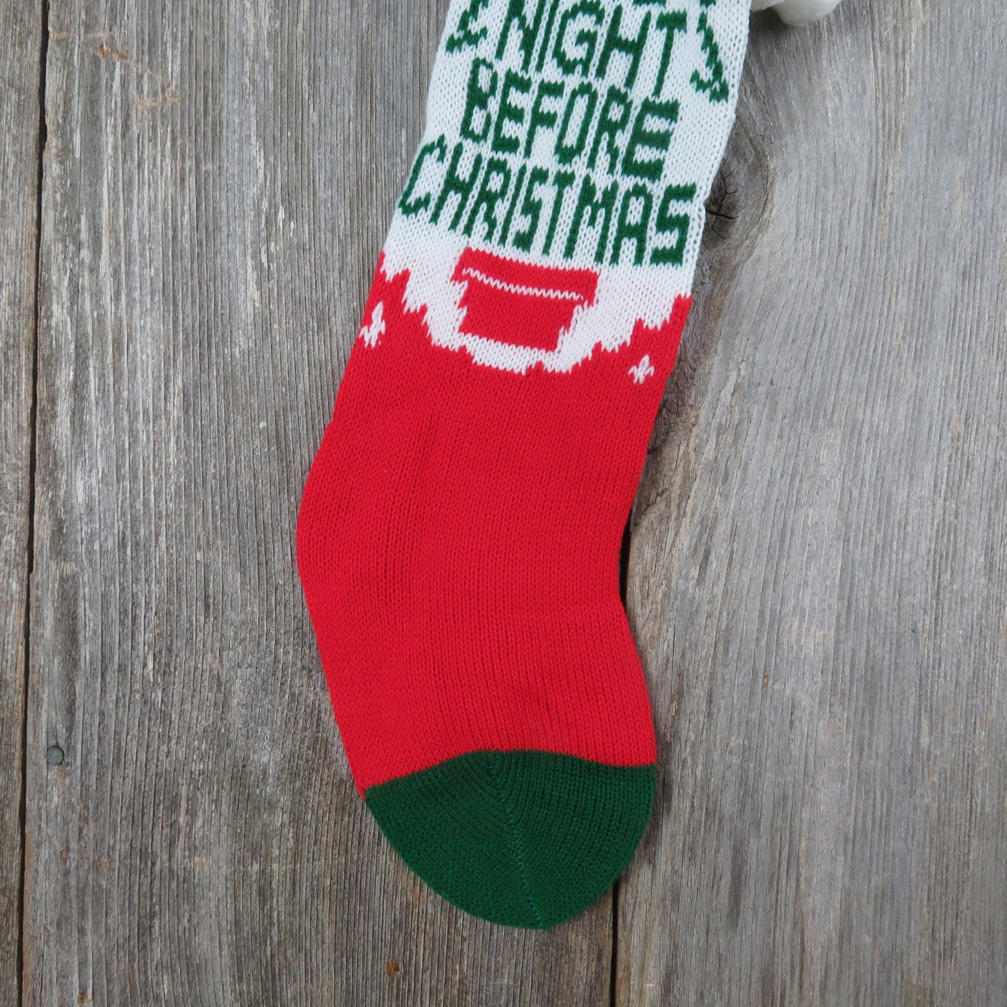 Vintage Knit Tree Stocking Twas The Night Before Christmas Knitted White Green Red