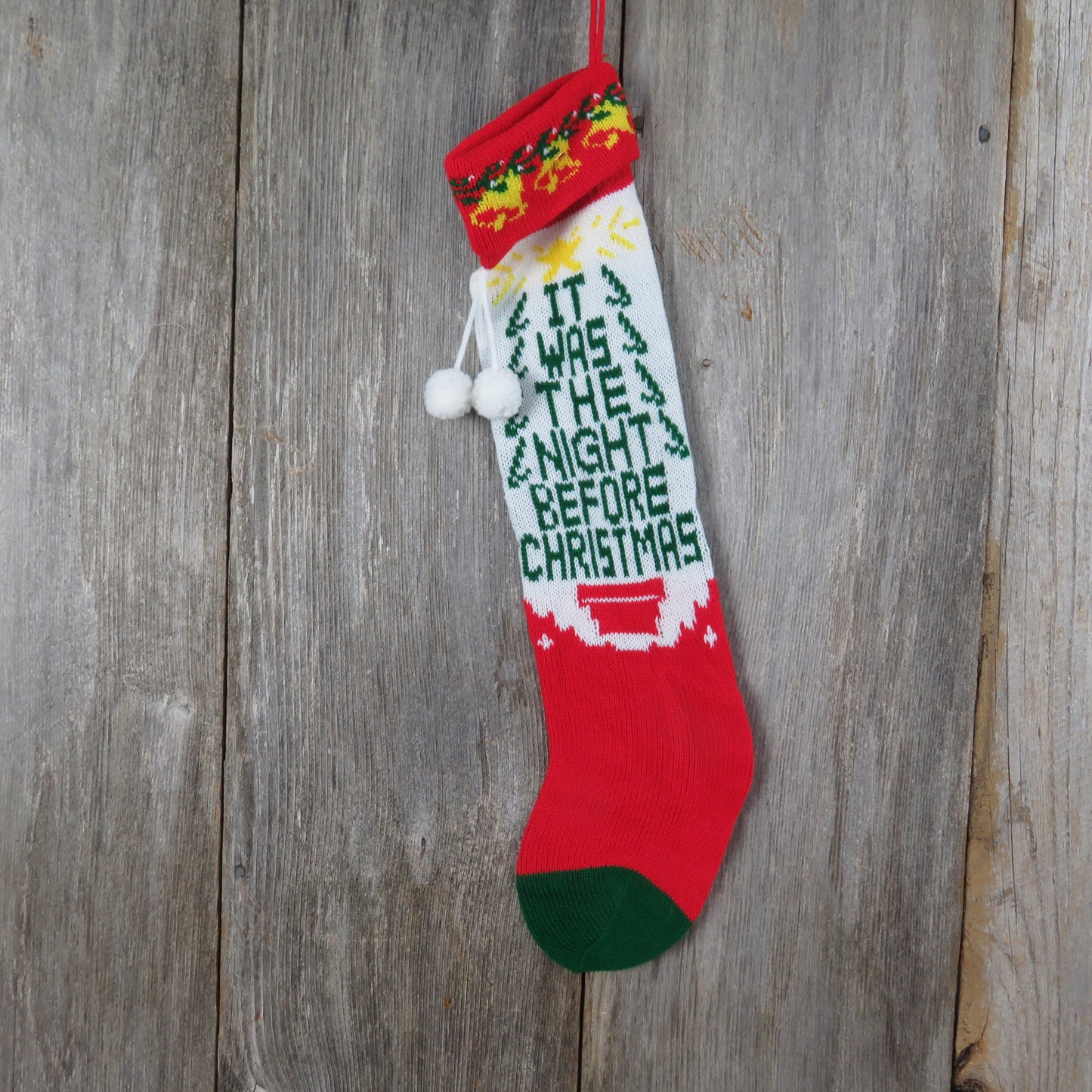 Vintage Knit Tree Stocking Twas The Night Before Christmas Knitted White Green Red