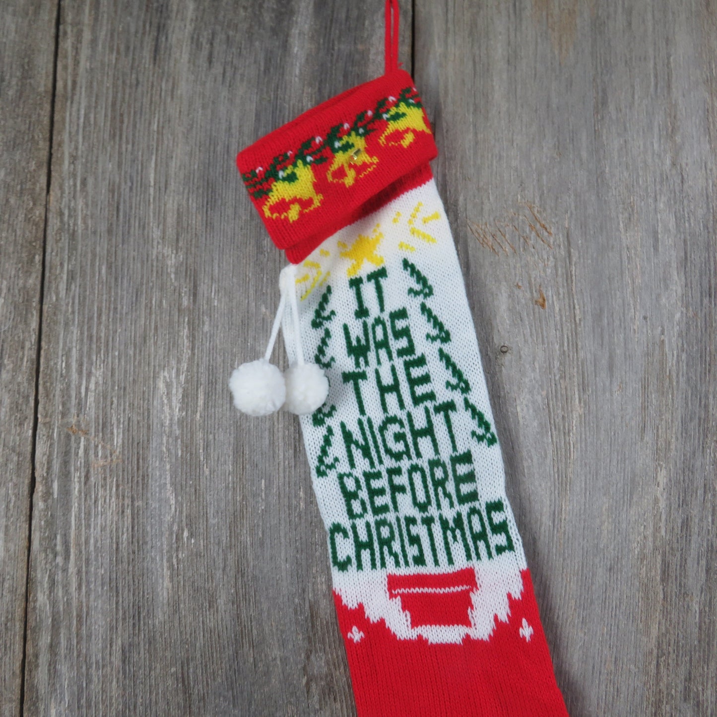 Vintage Knit Tree Stocking Twas The Night Before Christmas Knitted White Green Red