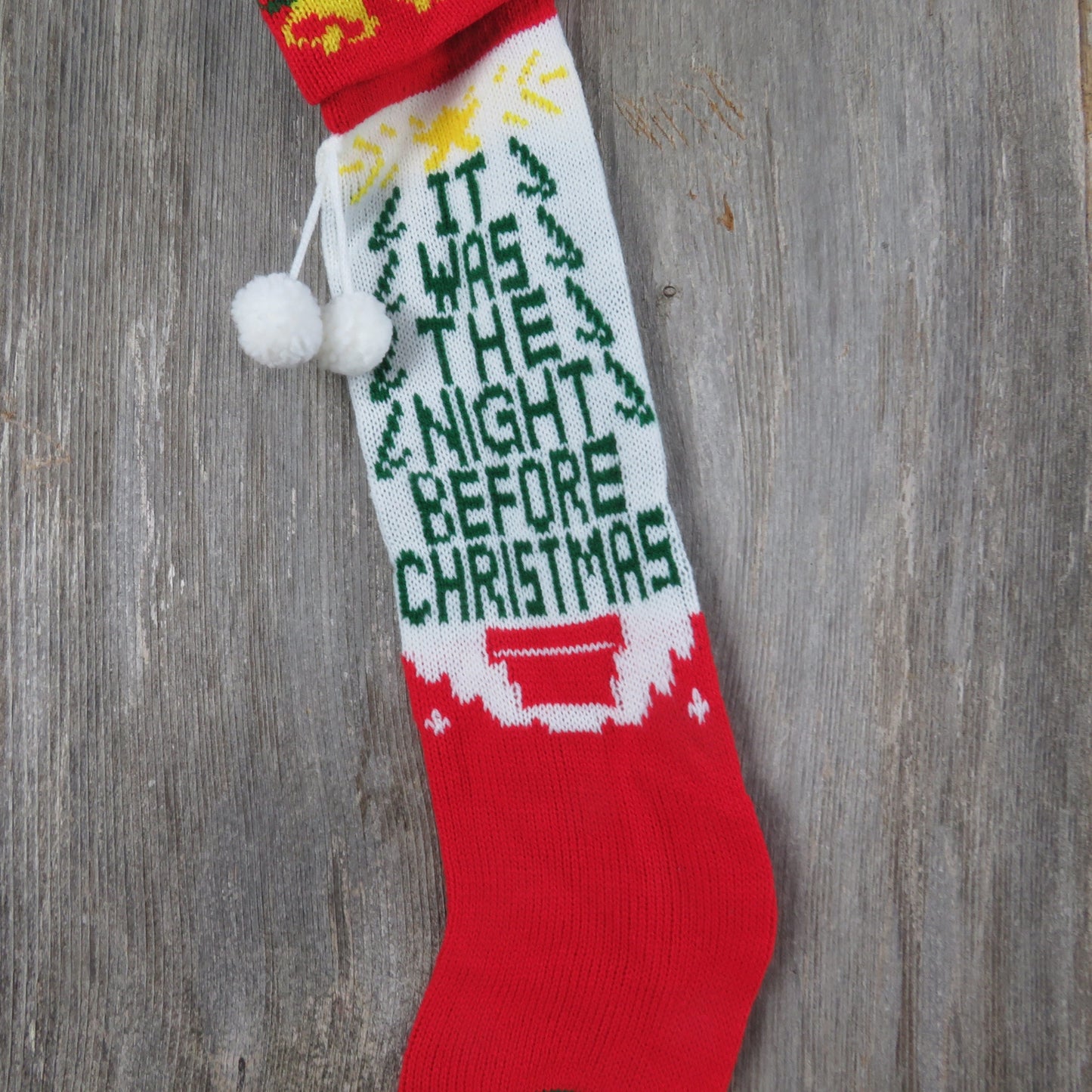 Vintage Knit Tree Stocking Twas The Night Before Christmas Knitted White Green Red