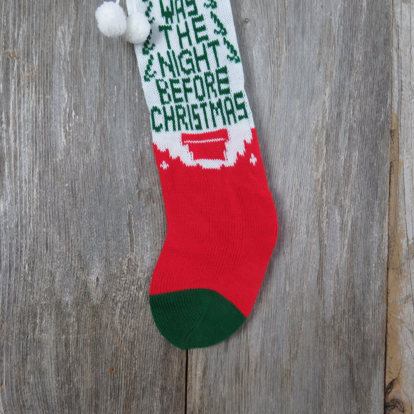 Vintage Knit Tree Stocking Twas The Night Before Christmas Knitted White Green Red