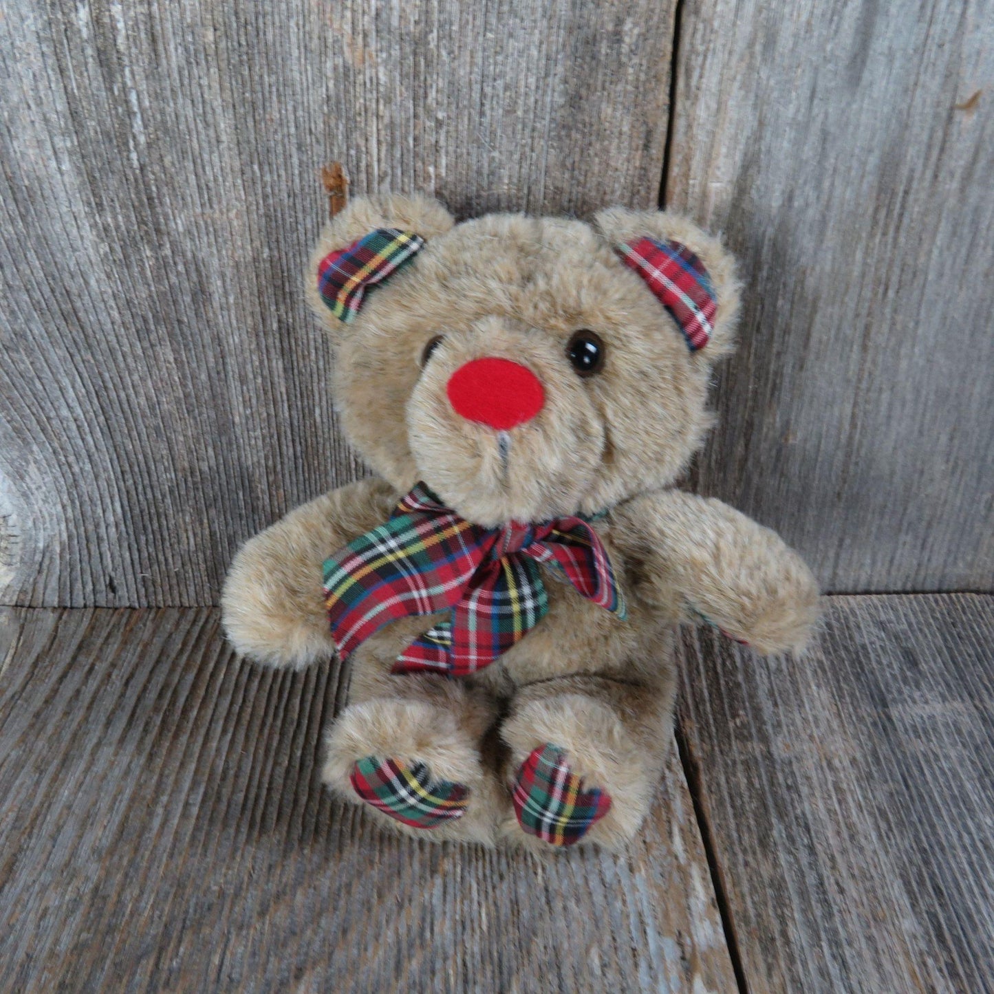 Vintage Old Time Teddy Bear Plush Red Nose Plaid Paws and Bow Applause Wallace Berrie 1983 Korea