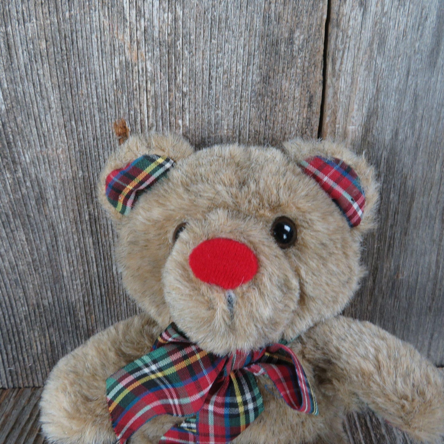 Vintage Old Time Teddy Bear Plush Red Nose Plaid Paws and Bow Applause Wallace Berrie 1983 Korea