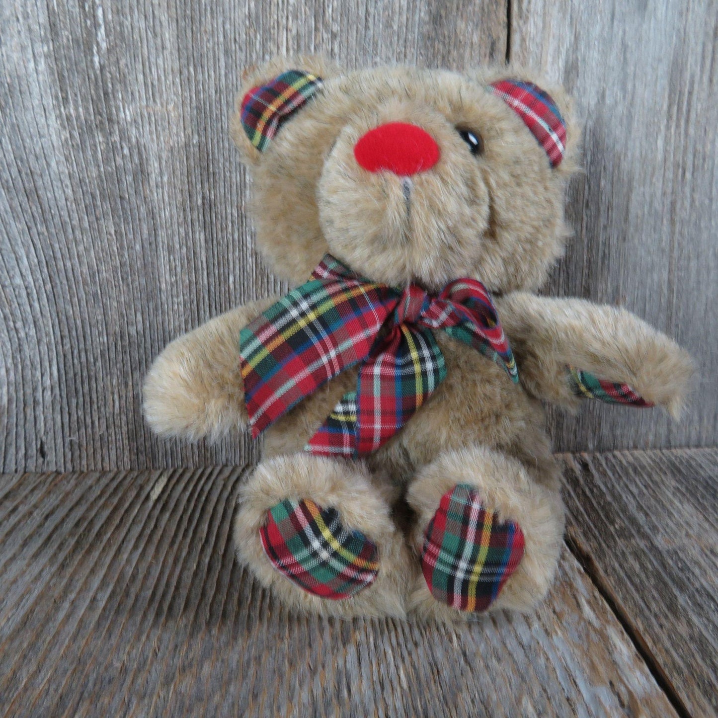 Vintage Old Time Teddy Bear Plush Red Nose Plaid Paws and Bow Applause Wallace Berrie 1983 Korea