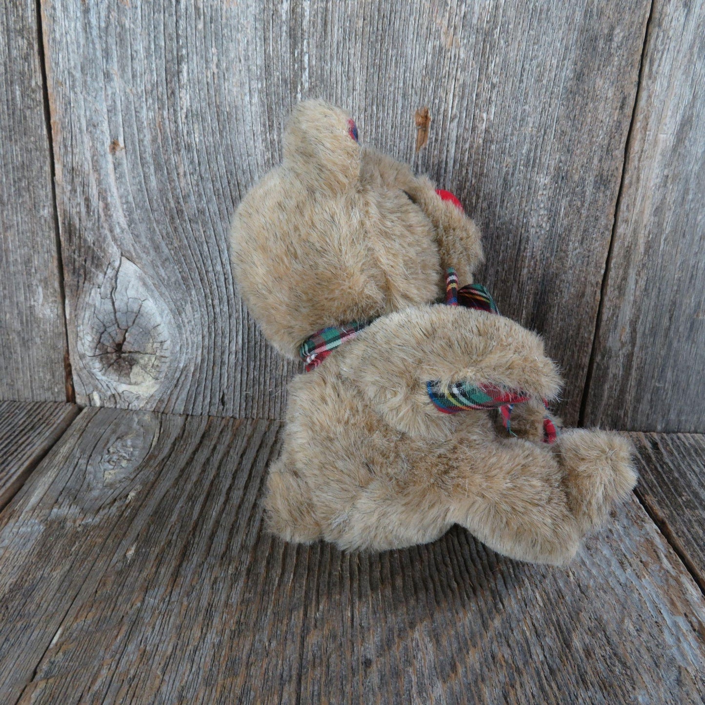 Vintage Old Time Teddy Bear Plush Red Nose Plaid Paws and Bow Applause Wallace Berrie 1983 Korea