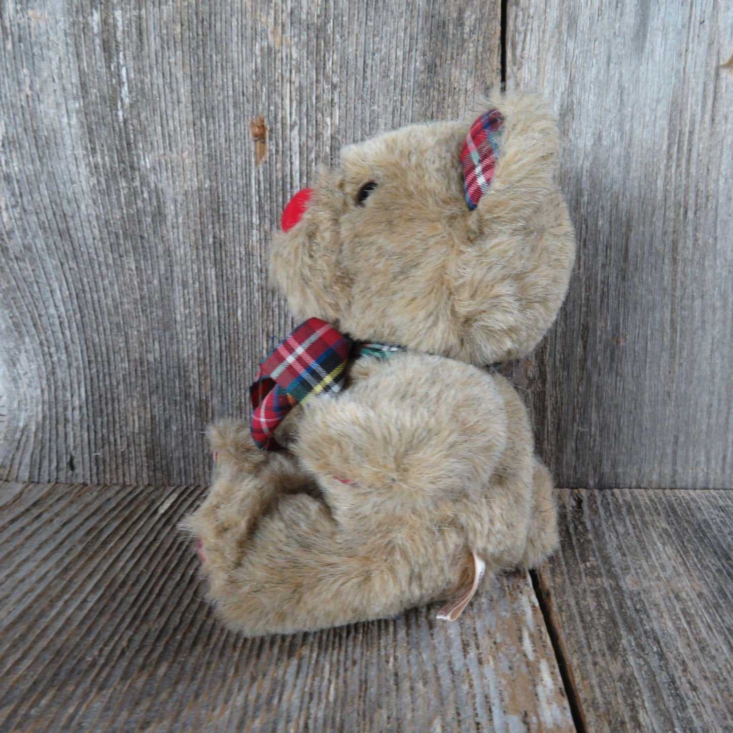 Vintage Old Time Teddy Bear Plush Red Nose Plaid Paws and Bow Applause Wallace Berrie 1983 Korea