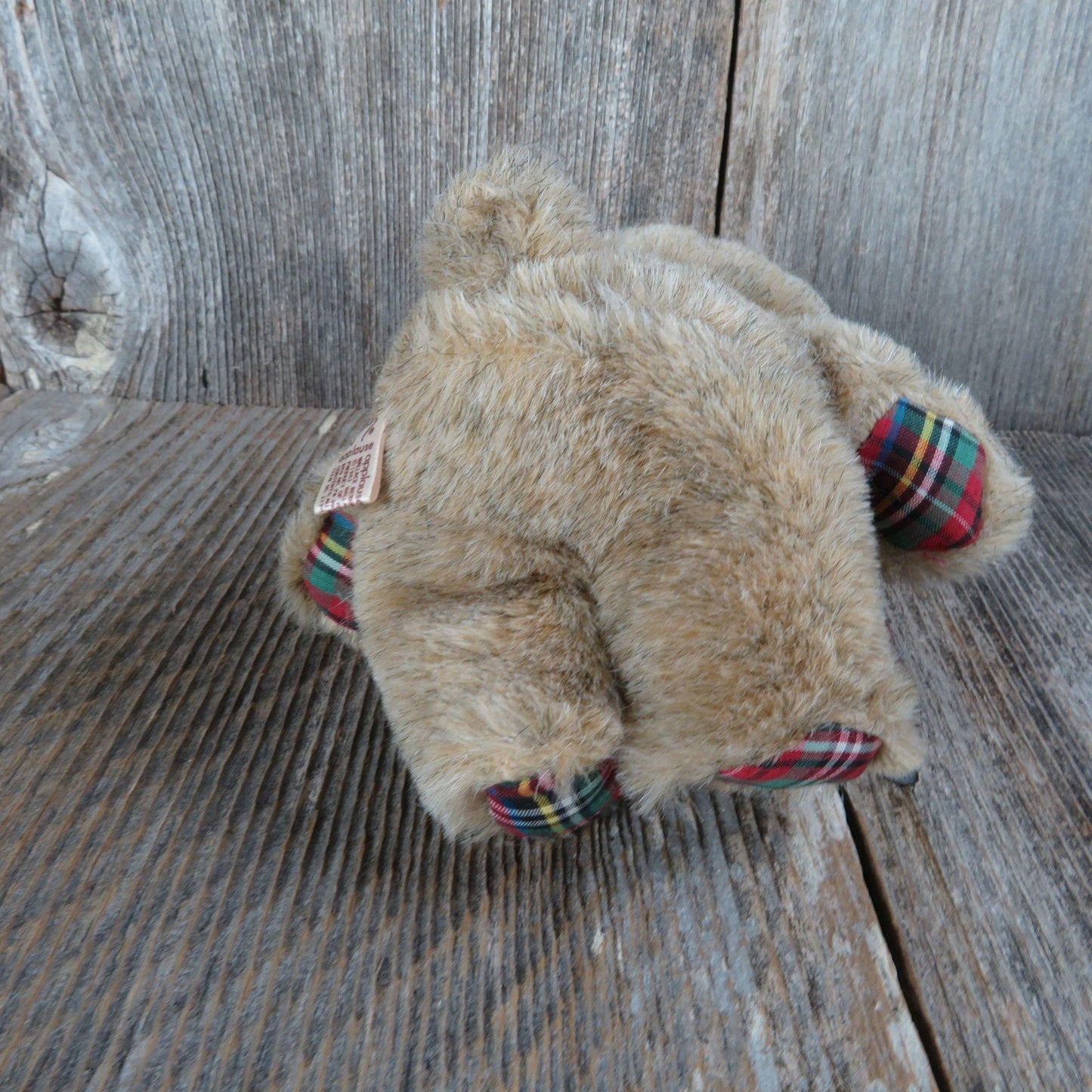 Vintage Old Time Teddy Bear Plush Red Nose Plaid Paws and Bow Applause Wallace Berrie 1983 Korea