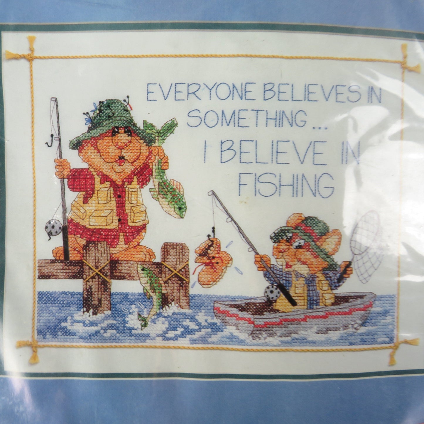 Stamped Cross Stitch I Believe in Fishing Sunset Fisherman Craft Kit Boat  Gift for Fishermen 13062