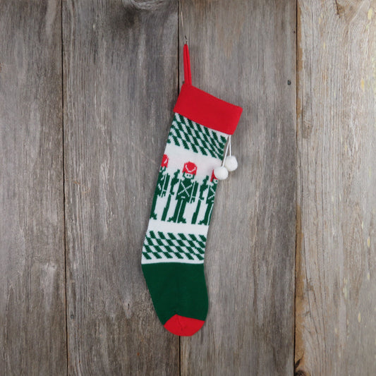 Vintage Knit Toy Soldier Stocking Christmas Knitted Military Rifle Green Red White Pom Pom Taiwan