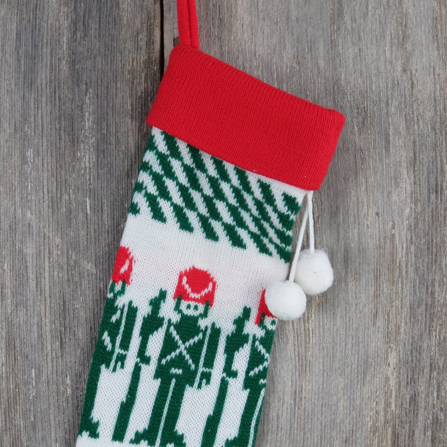 Vintage Knit Toy Soldier Stocking Christmas Knitted Military Rifle Green Red White Pom Pom Taiwan