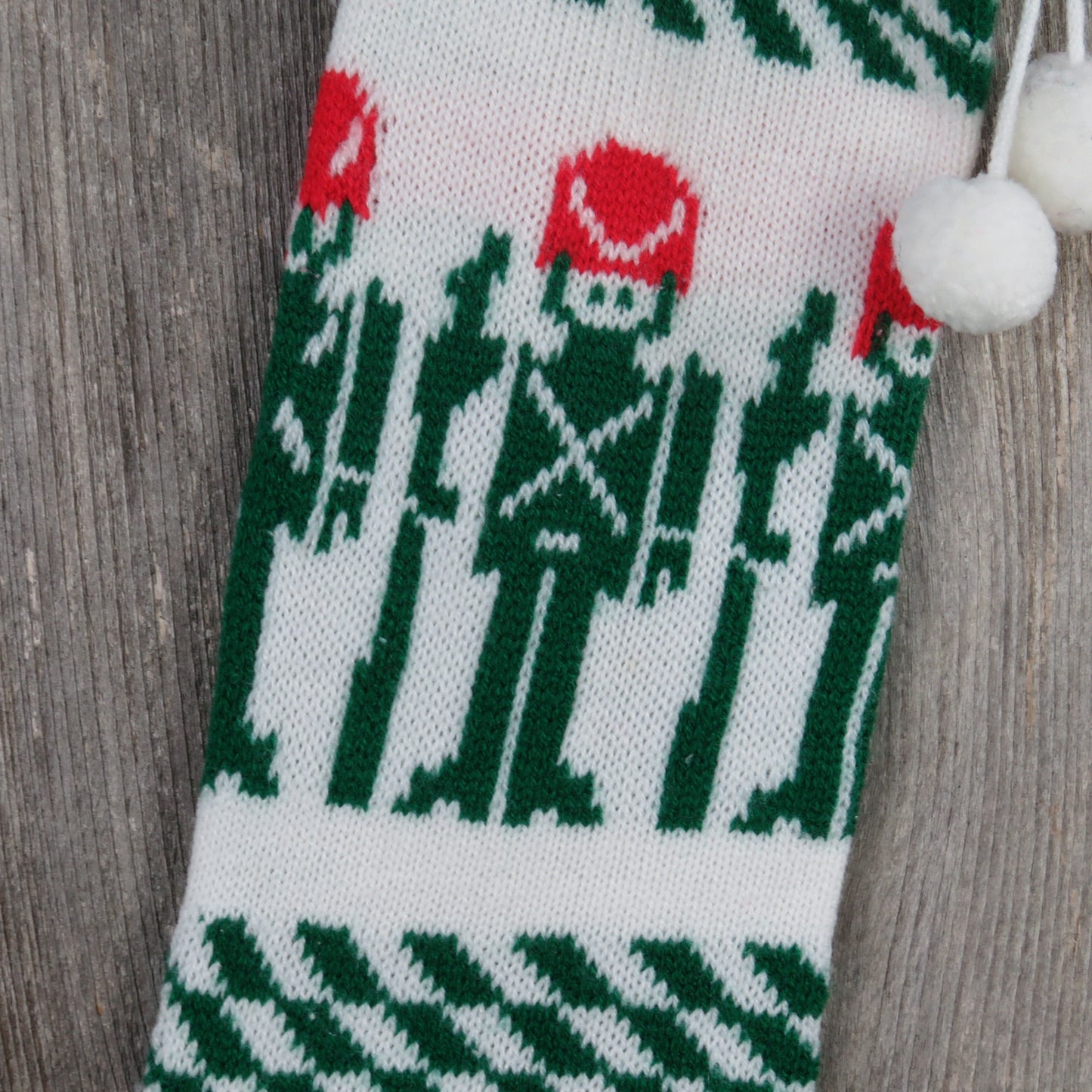 Vintage Knit Toy Soldier Stocking Christmas Knitted Military Rifle Green Red White Pom Pom Taiwan