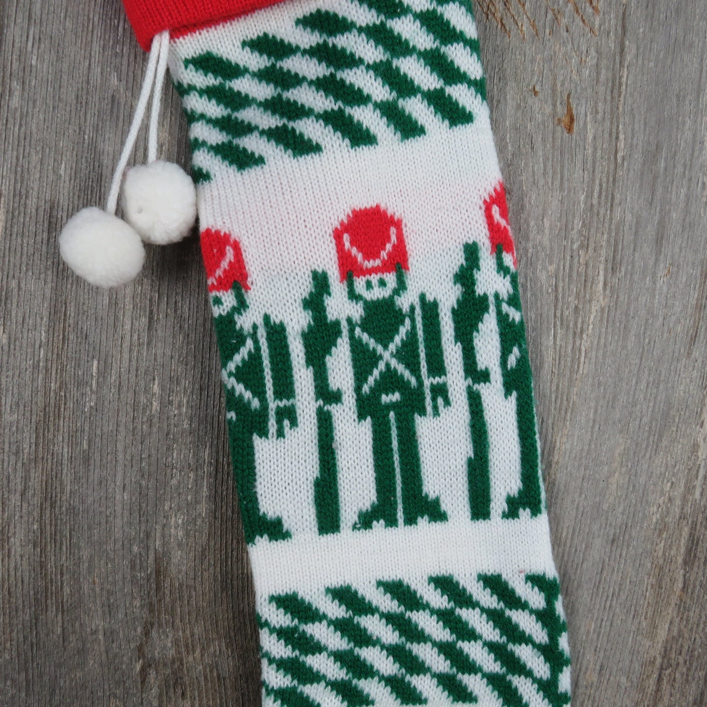 Vintage Knit Toy Soldier Stocking Christmas Knitted Military Rifle Green Red White Pom Pom Taiwan