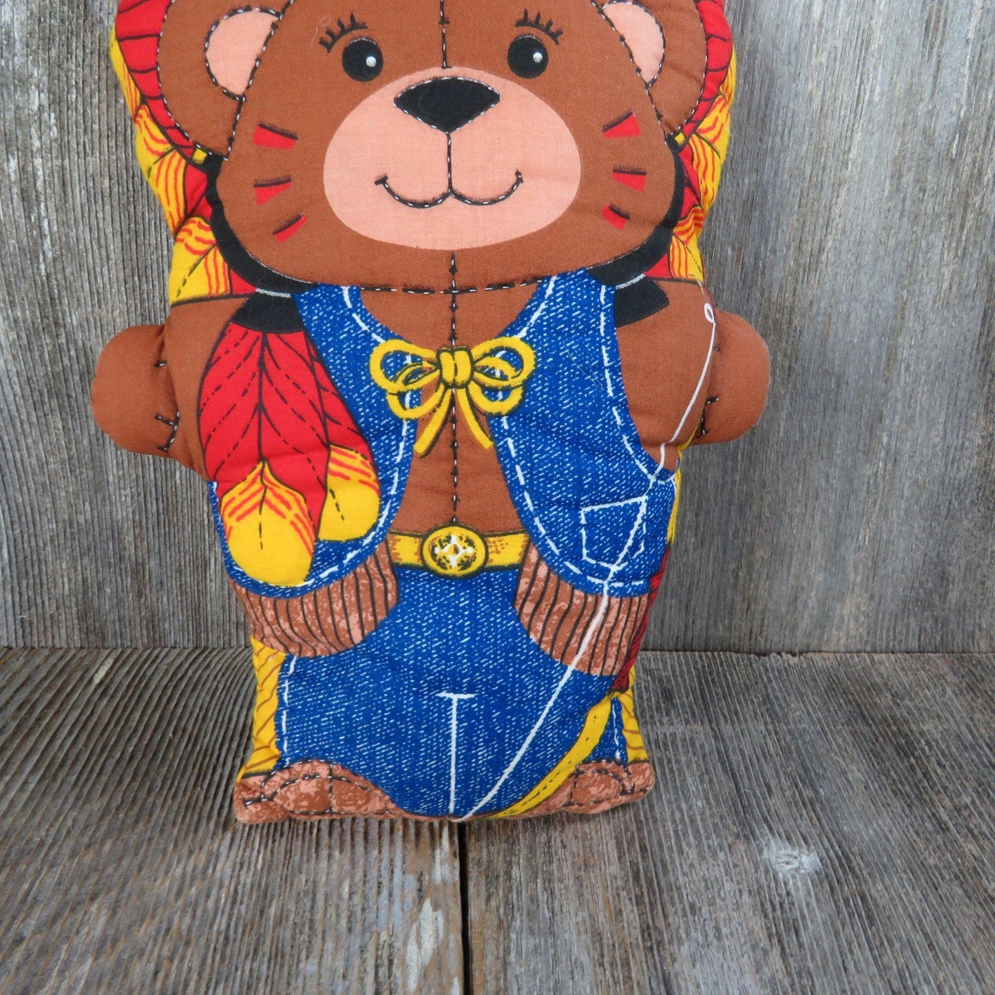 Vintage Old West Bear Plush Headdress Denim Style Vest Fringe Feathers Fabric Body Cut and Sew Stuffed Animal