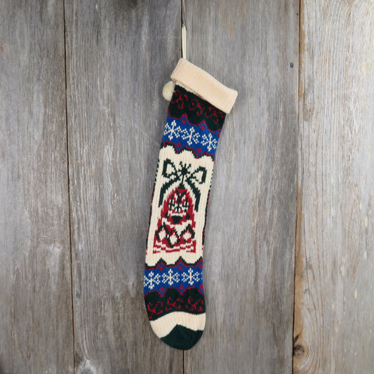 Vintage Bell with Bow Knit Stocking Christmas Snowflakes Chenille Cream Blue Green Red Pom Pom