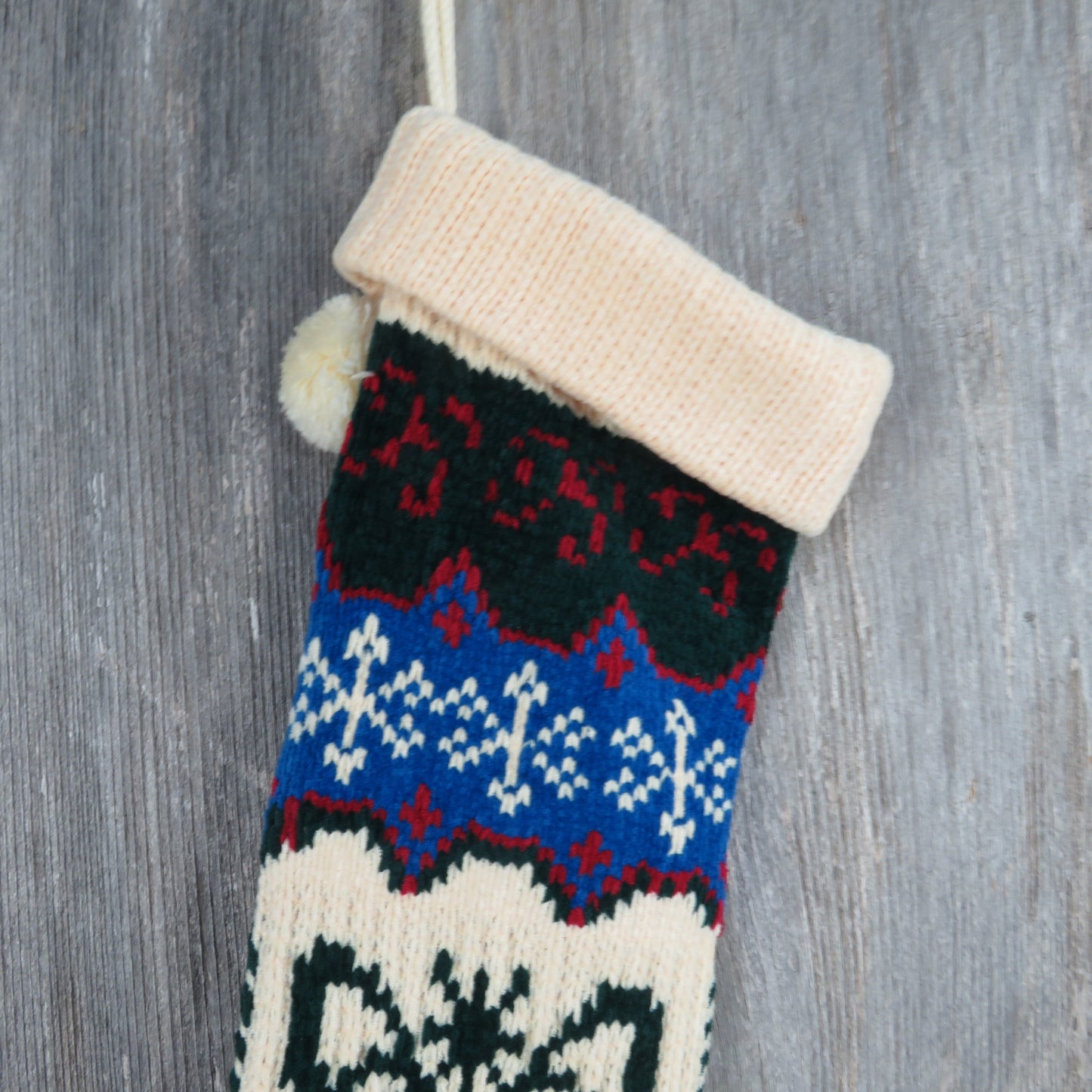 Vintage Bell with Bow Knit Stocking Christmas Snowflakes Chenille Cream Blue Green Red Pom Pom