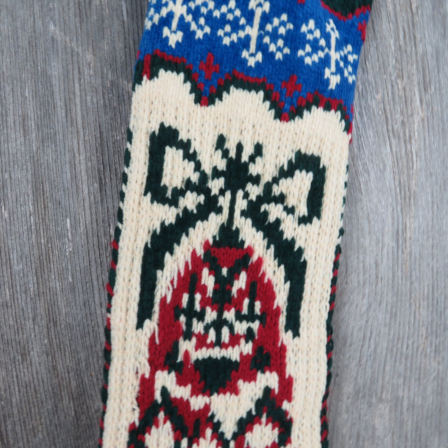 Vintage Bell with Bow Knit Stocking Christmas Snowflakes Chenille Cream Blue Green Red Pom Pom