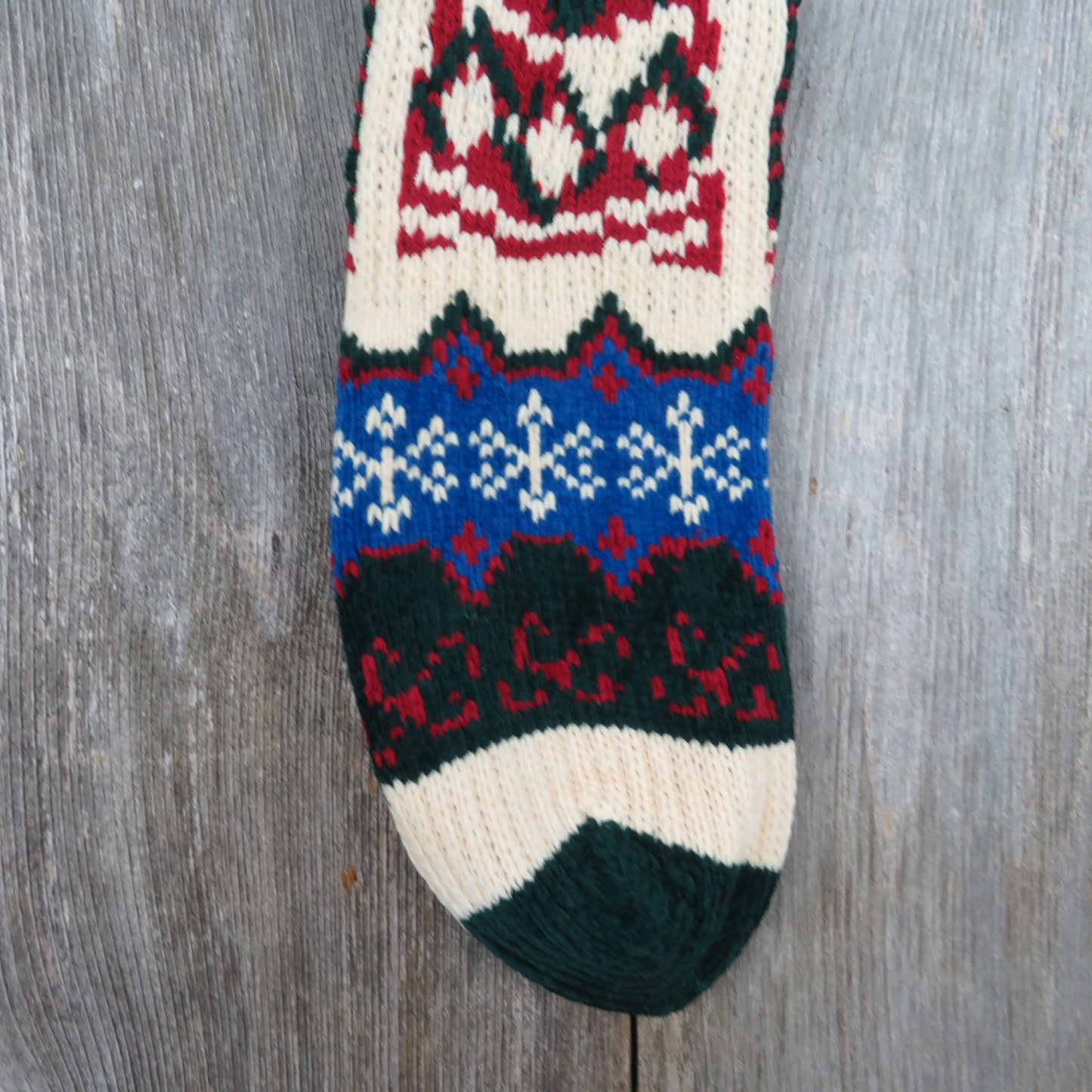 Vintage Bell with Bow Knit Stocking Christmas Snowflakes Chenille Cream Blue Green Red Pom Pom