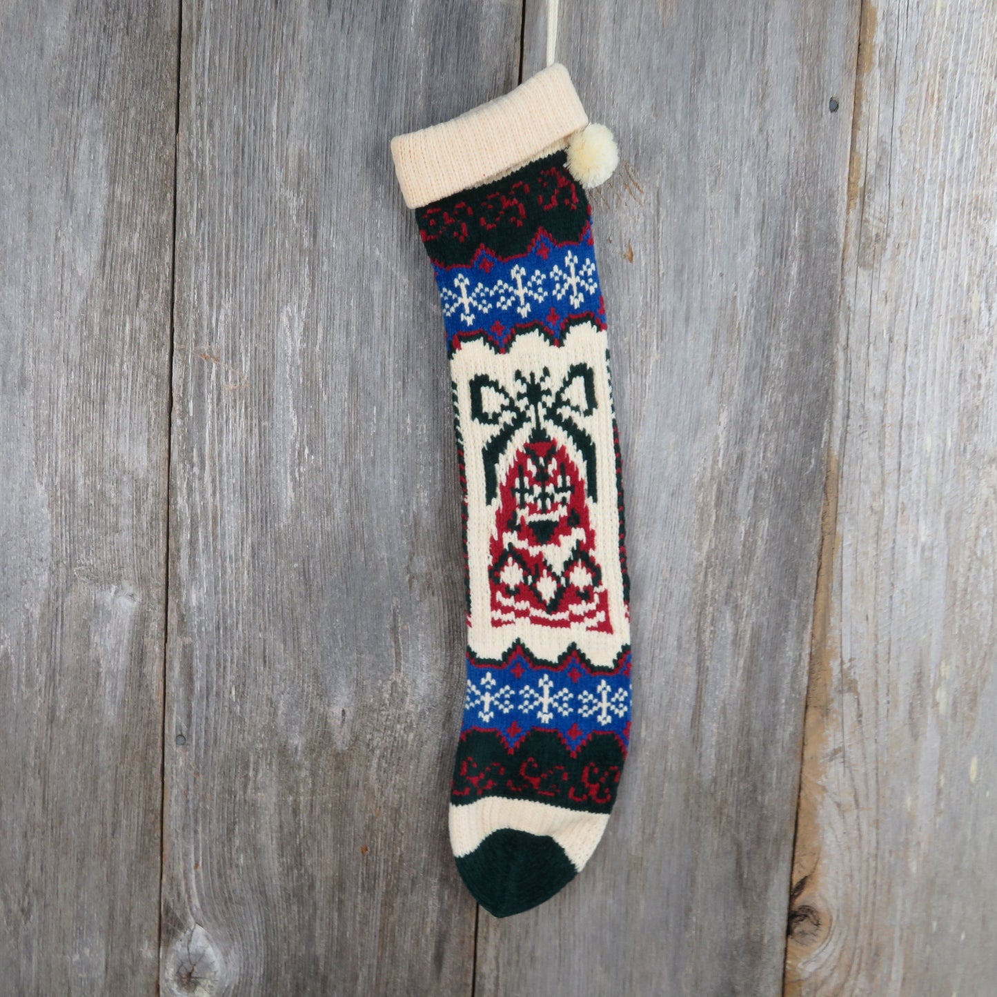 Vintage Bell with Bow Knit Stocking Christmas Snowflakes Chenille Cream Blue Green Red Pom Pom