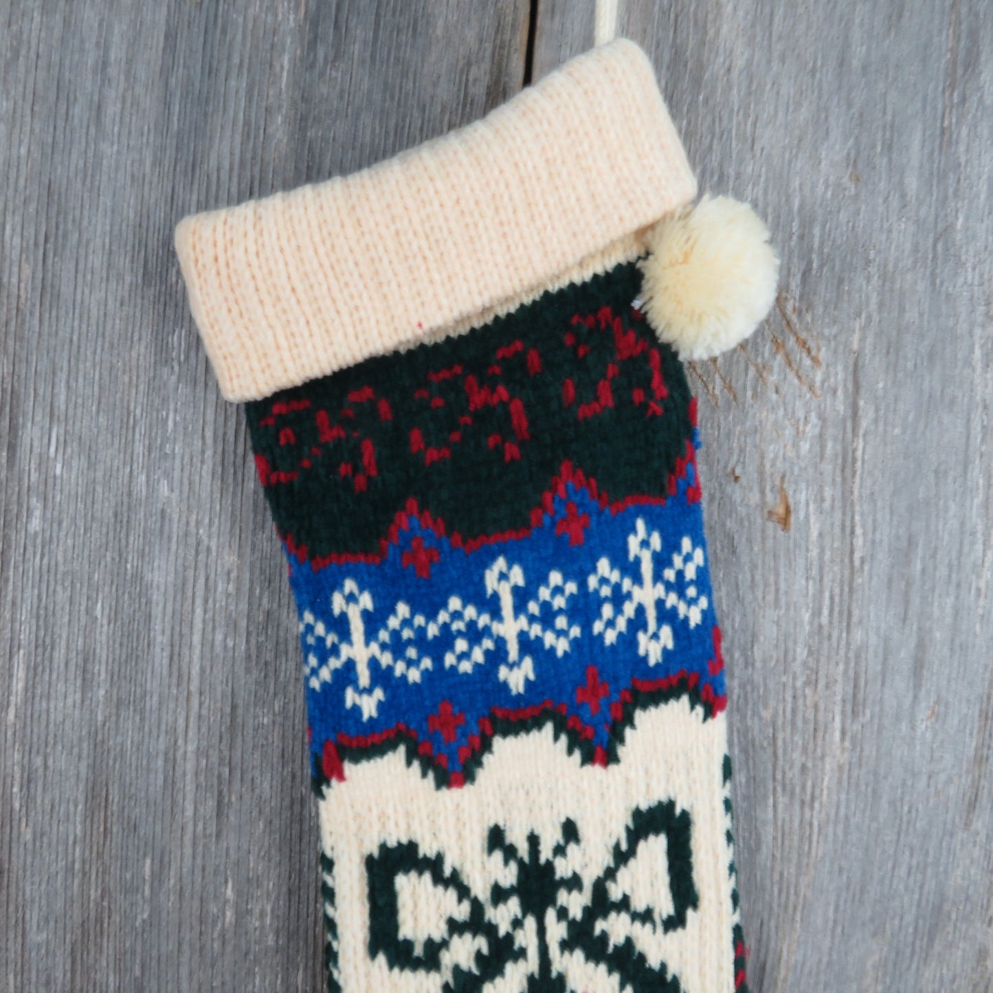 Vintage Bell with Bow Knit Stocking Christmas Snowflakes Chenille Cream Blue Green Red Pom Pom