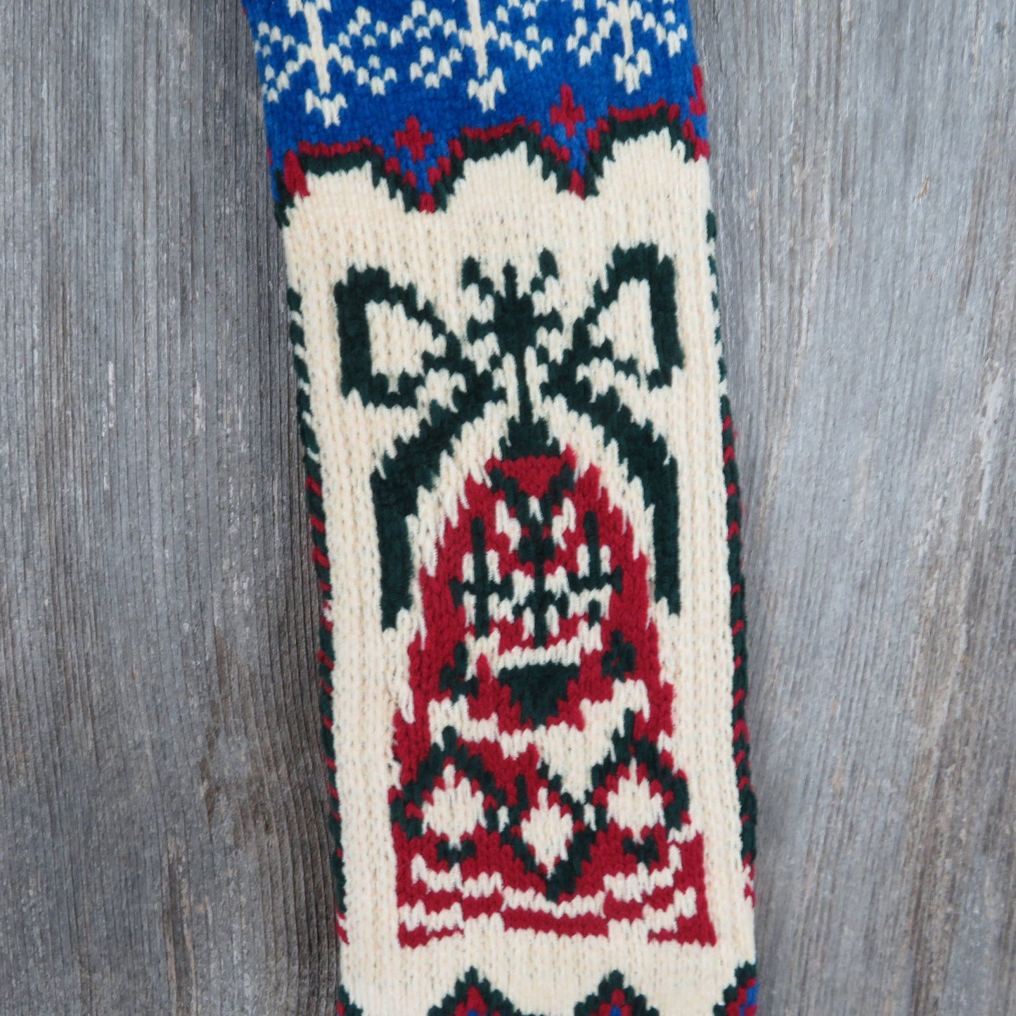 Vintage Bell with Bow Knit Stocking Christmas Snowflakes Chenille Cream Blue Green Red Pom Pom