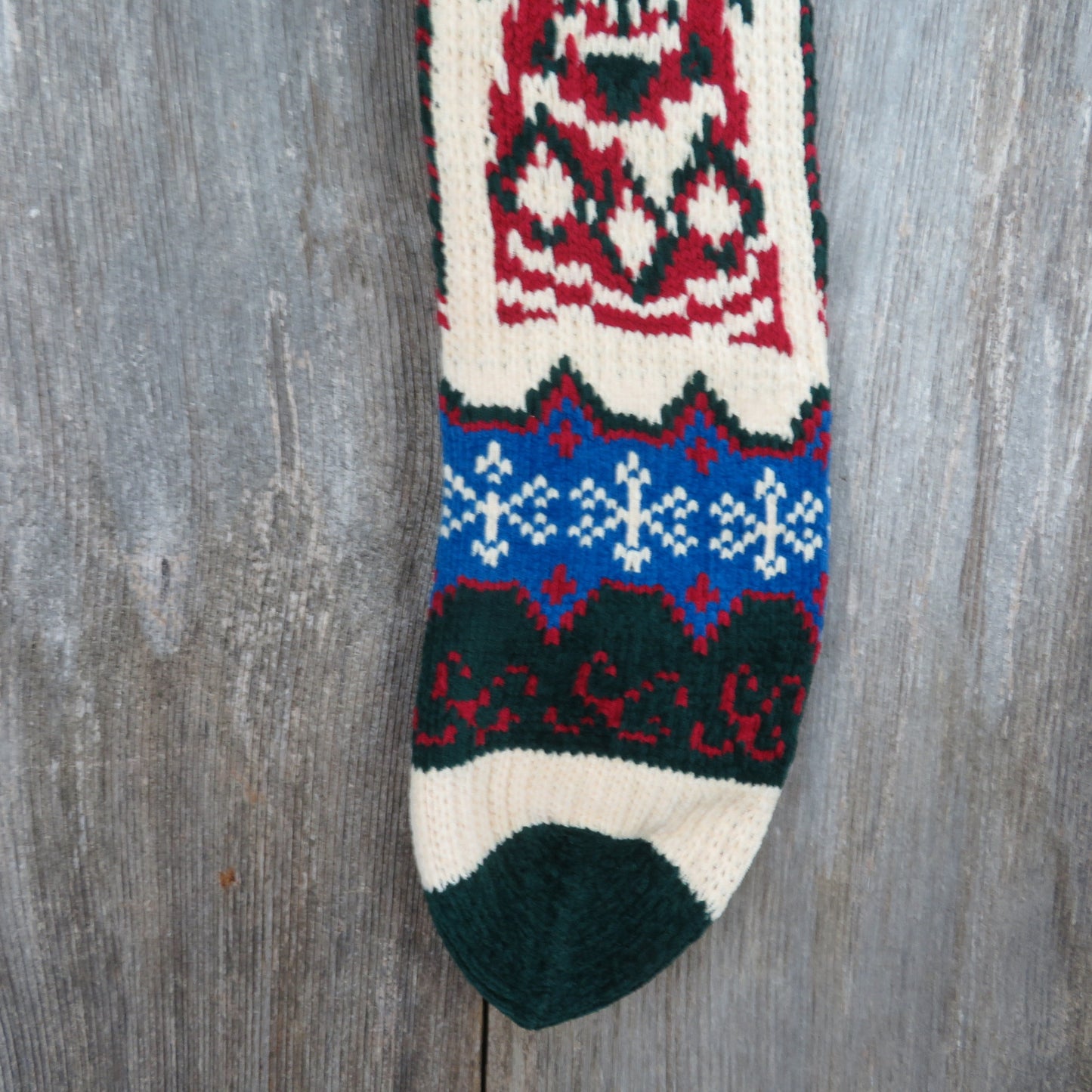 Vintage Bell with Bow Knit Stocking Christmas Snowflakes Chenille Cream Blue Green Red Pom Pom