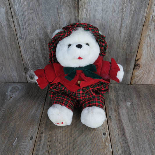 Vintage White Christmas Bear Plush Plaid Red and Green Dress Bonnet Kmart Stuffed Animal Velveteen 1993