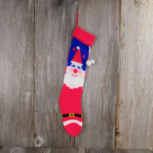 Vintage Santa Claus Knit Stocking Christmas Clown Red Nose Knitted Blue Red White Pom Pom