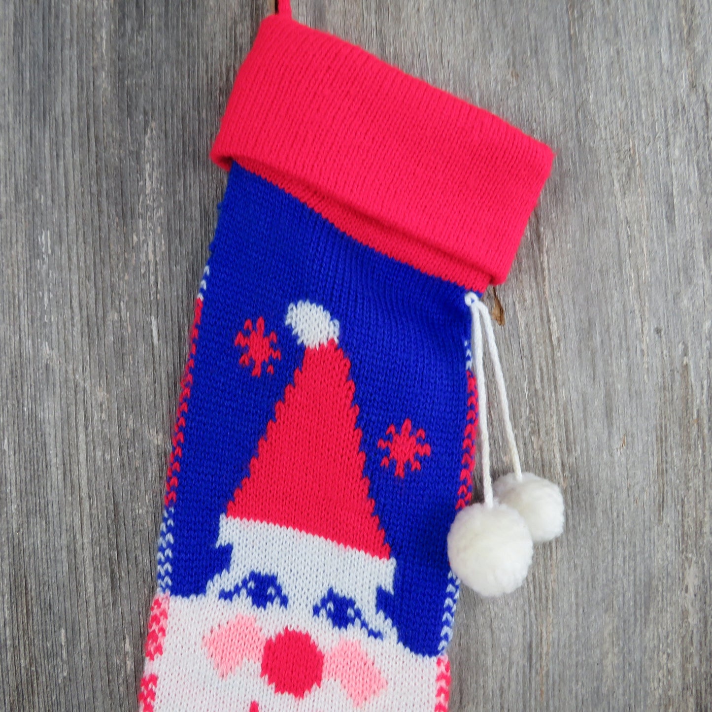 Vintage Santa Claus Knit Stocking Christmas Clown Red Nose Knitted Blue Red White Pom Pom