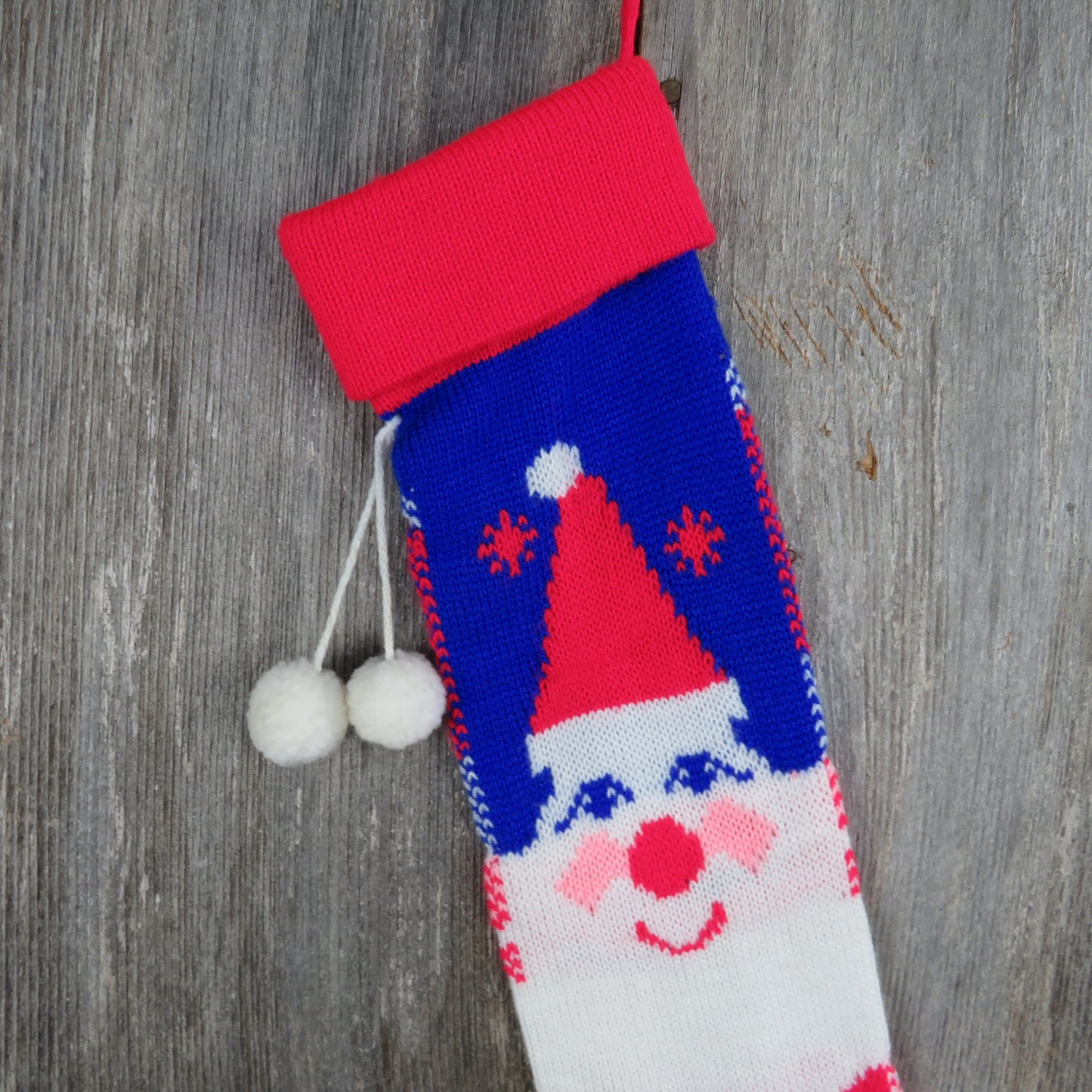 Vintage Santa Claus Knit Stocking Christmas Clown Red Nose Knitted Blue Red White Pom Pom