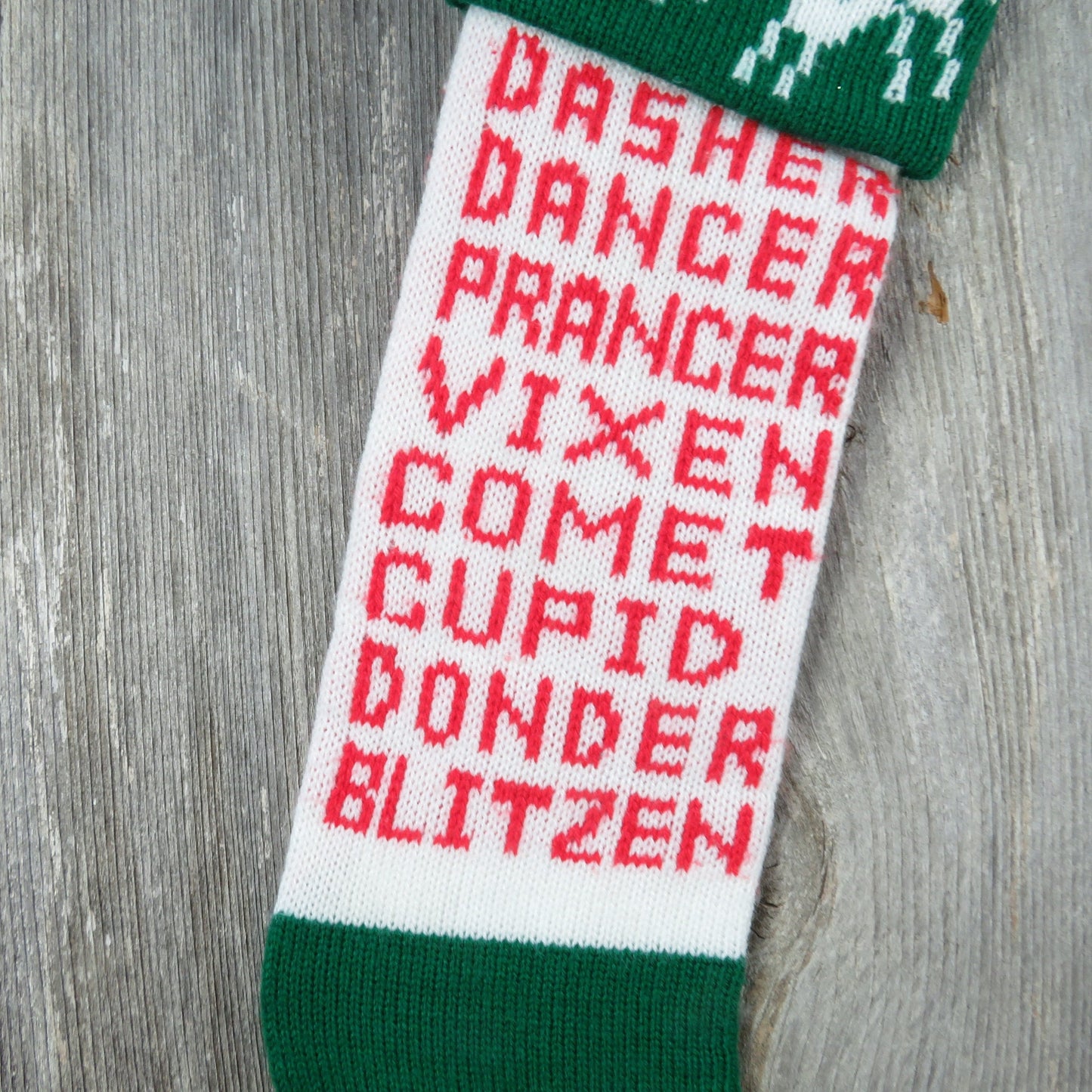 Vintage Reindeer Names Knit Stocking Kurt Adler 1980 Christmas Knitted Prancer Dancer Dasher Vixen Comet Cupid Donder Blitzen