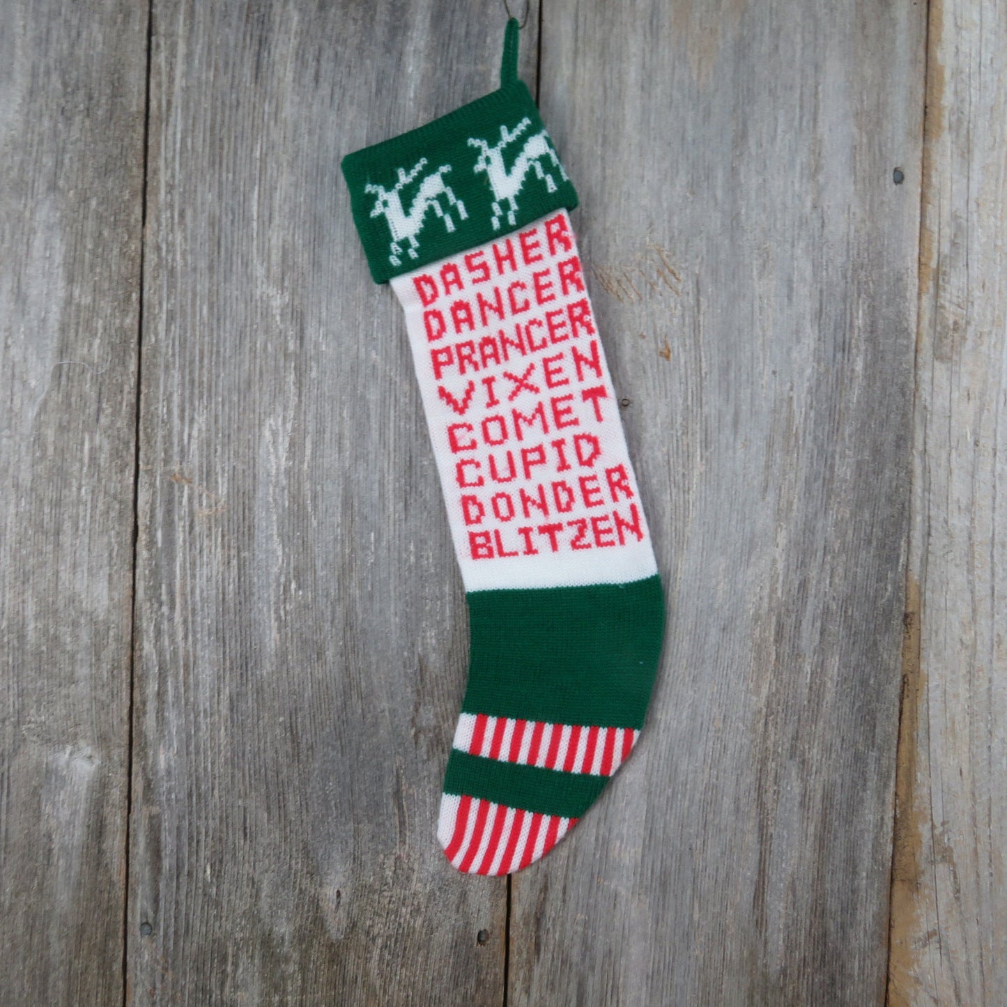 Vintage Reindeer Names Knit Stocking Kurt Adler 1980 Christmas Knitted Prancer Dancer Dasher Vixen Comet Cupid Donder Blitzen