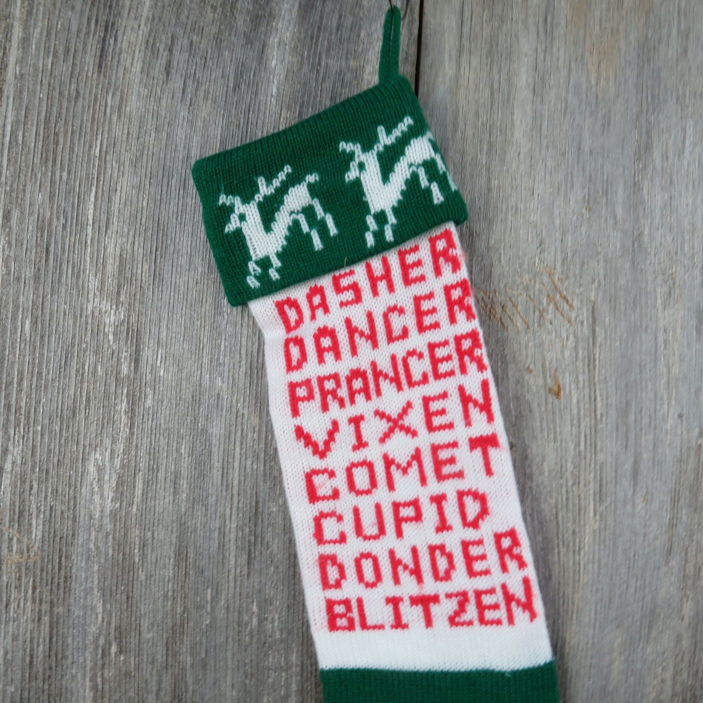 Vintage Reindeer Names Knit Stocking Kurt Adler 1980 Christmas Knitted Prancer Dancer Dasher Vixen Comet Cupid Donder Blitzen