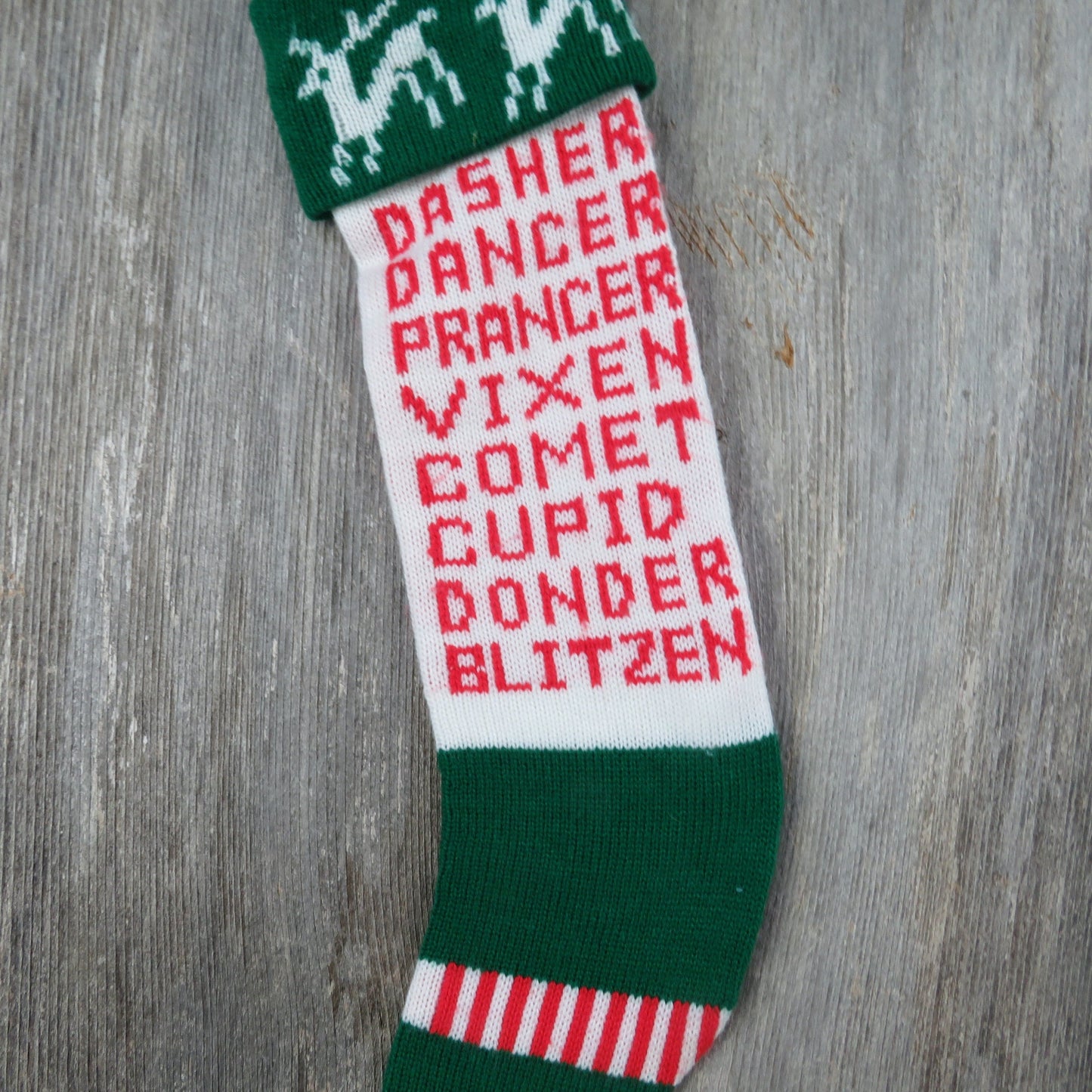 Vintage Reindeer Names Knit Stocking Kurt Adler 1980 Christmas Knitted Prancer Dancer Dasher Vixen Comet Cupid Donder Blitzen