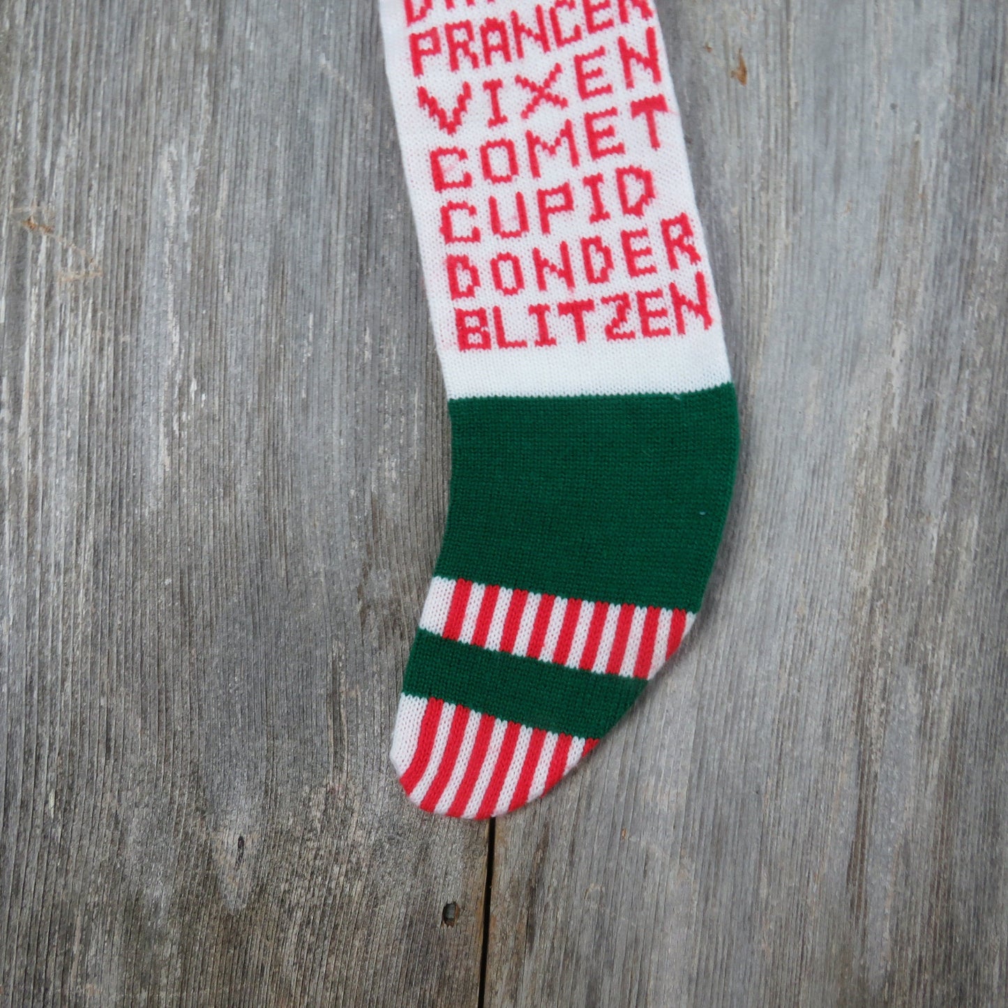 Vintage Reindeer Names Knit Stocking Kurt Adler 1980 Christmas Knitted Prancer Dancer Dasher Vixen Comet Cupid Donder Blitzen