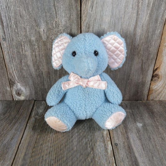 Vintage Elephant Plush Baby Blue Sherpa Pink Satin Quilted Ears Bow Stuffed Animal Glass Eyes Hugfun Hug Fun