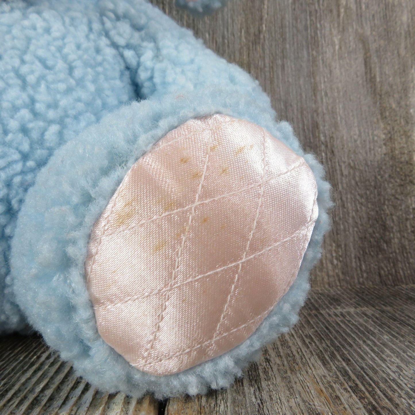 Vintage Elephant Plush Baby Blue Sherpa Pink Satin Quilted Ears Bow Stuffed Animal Glass Eyes Hugfun Hug Fun